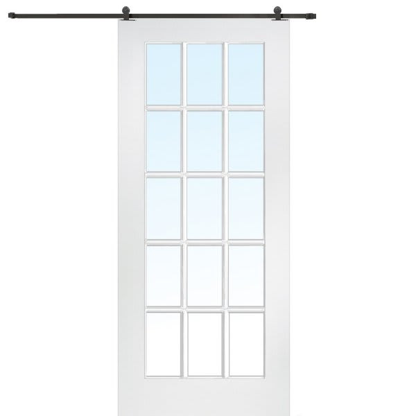 Mmi Door Primed 15 Lite 36" X 84" Kit With Black Barn Door Hardware