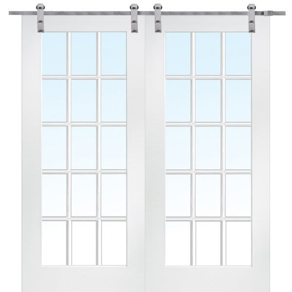 Mmi Door Primed 15 Lite 64" X 80" Kit With Stainless Steel Barn Door Hardware