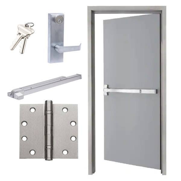 Shield Security Door Kit, 3'0" X 7'0" Door, Frame, Hinge, Exit Device, Right