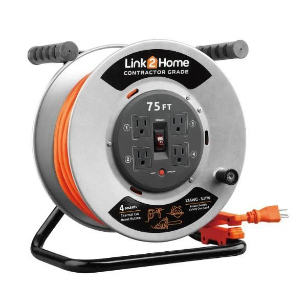 Link2home Durable 75 Ft Extension Cord Reel W/ 4-Outlet And 12 Awg Sjtw Cable