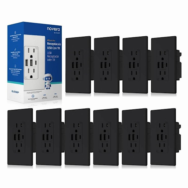 Elegrp 30w 6.0 Amp 3-Port USB Wall Outlet, Matte Black Package Of 10 ER18160AAC-0210