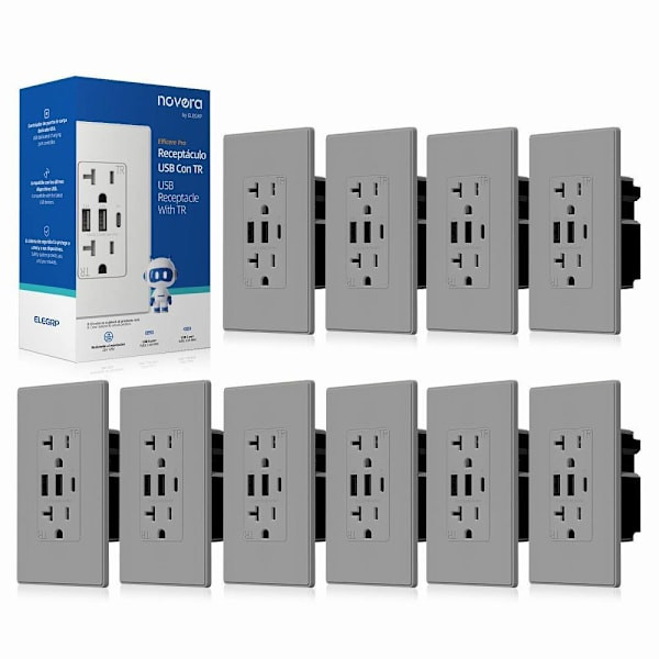 Elegrp 30w 6.0 Amp 3-Port USB Wall Outlet, Matte Gray Package Of 10 ER18260AAC-0510