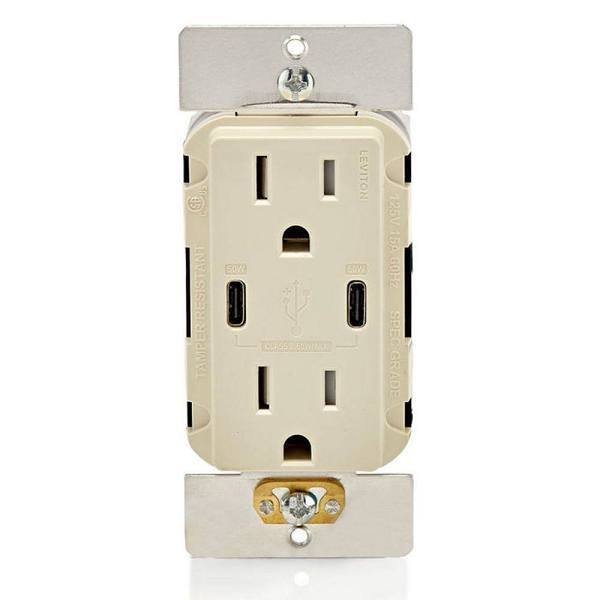 Leviton 15a Decora Tamper-Resist Receptacle With 60w USB Type C/C, Light Almond
