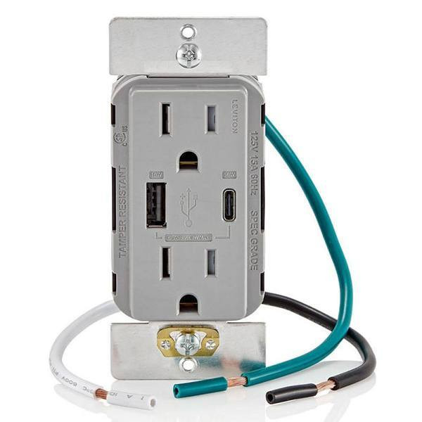 Leviton 15a Decora Tamper-Resistant Receptacle With 60w Dual USB Type A/C, Grey