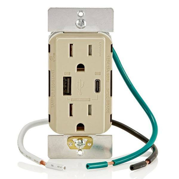 Leviton 15a Decora Tamper-Resistant Receptacle With 60w Dual USB Type A/C, Ivory