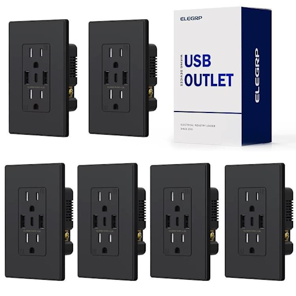 Elegrp 21w Dual Type A & Type C USB Outlet, 15 Amp, Black, Package Of 6
