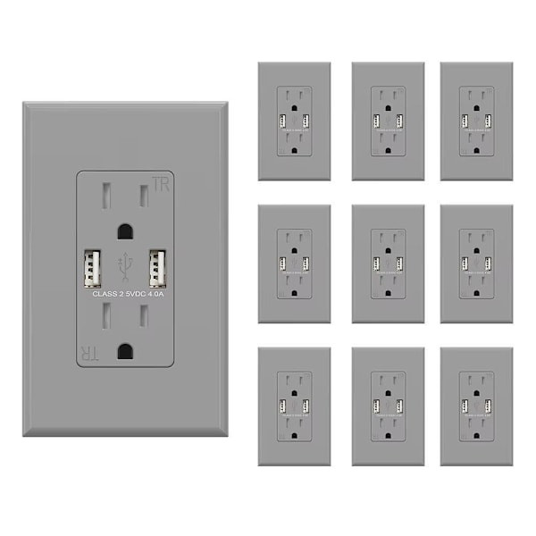 Elegrp 4a Dual Type A USB With 15a Duplex Outlet, Gray, Package Of 10