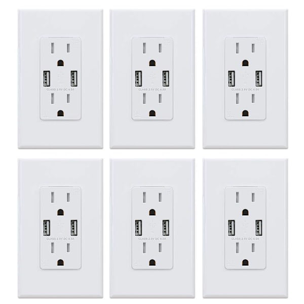 Elegrp 4a Dual Type A USB With 15a Duplex Outlet, White, Package Of 6