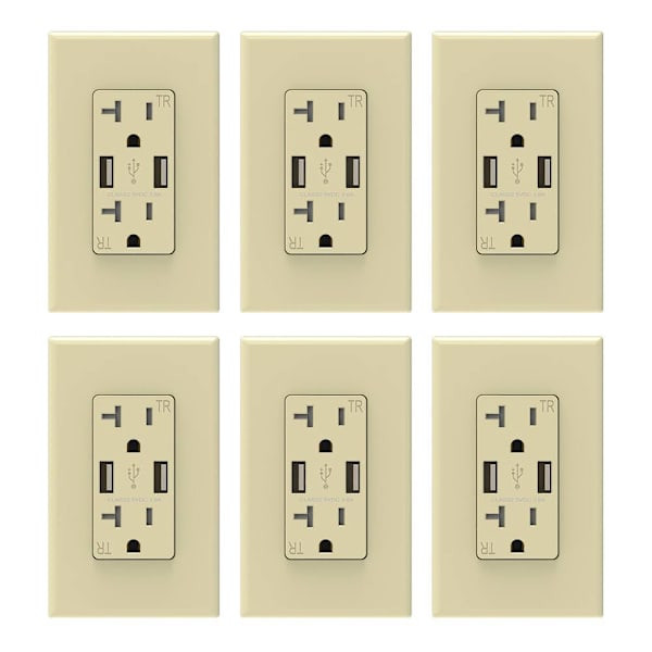 Elegrp 3.6a Dual Type A USB With 20a Duplex Outlet, Ivory, Package Of 6