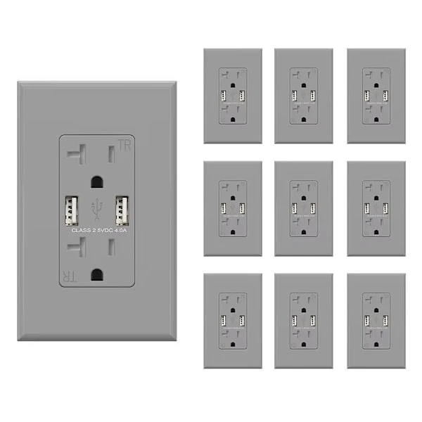 Elegrp 4a Dual Type A USB With 20a Duplex Outlet, Gray, Package Of 10