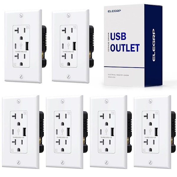 Elegrp 21 Watt Type A & Type C USB Outlet, 15 Amp, White, Package Of 6