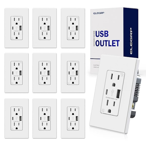Elegrp 21w Type A & Type C USB Outlet, 15 Amp, White, Package Of 10