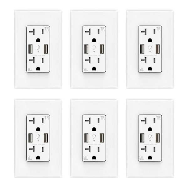 Elegrp 4a Dual Type A USB With 20a Duplex Outlet, White, Package Of 6