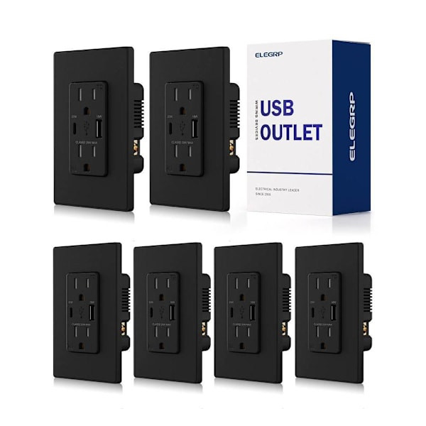 Elegrp 38w Type A & C USB Wall Outlet, Black Package Of 6