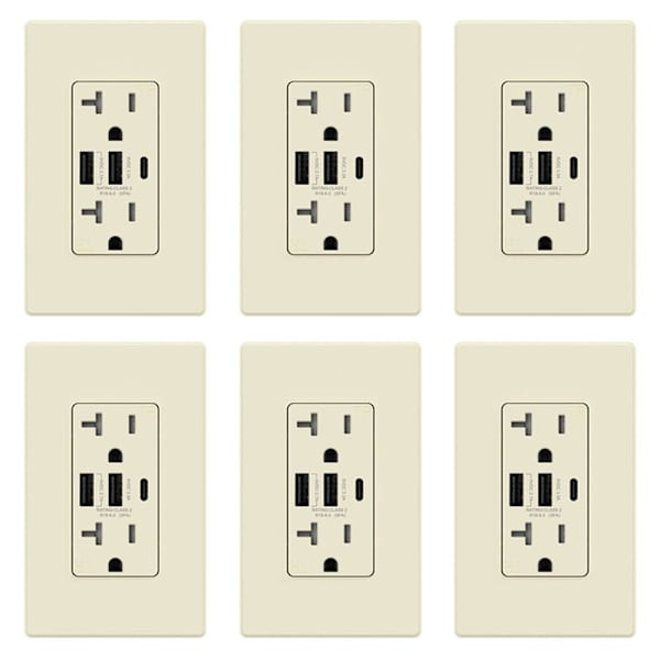 Elegrp 30w 6.0 Amp 3-Port USB Wall Outlet, Matte Almond Package Of 6
