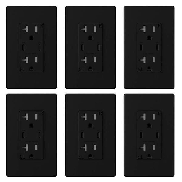 Elegrp 60w Dual Type C USB Wall Outlet, Wall Plate Ul Listed, Black Package Of 6