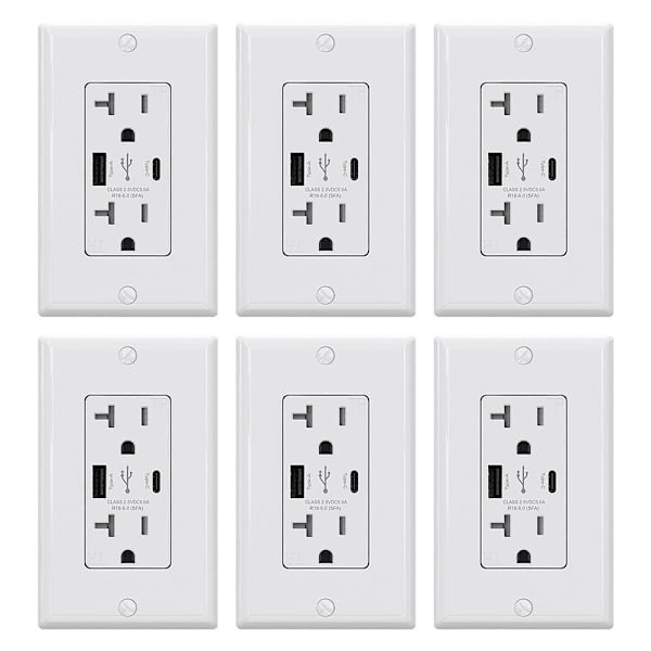 Elegrp 25w Type A & Type C USB Outlet, 20a Duplex Receptacle, White Package Of 6