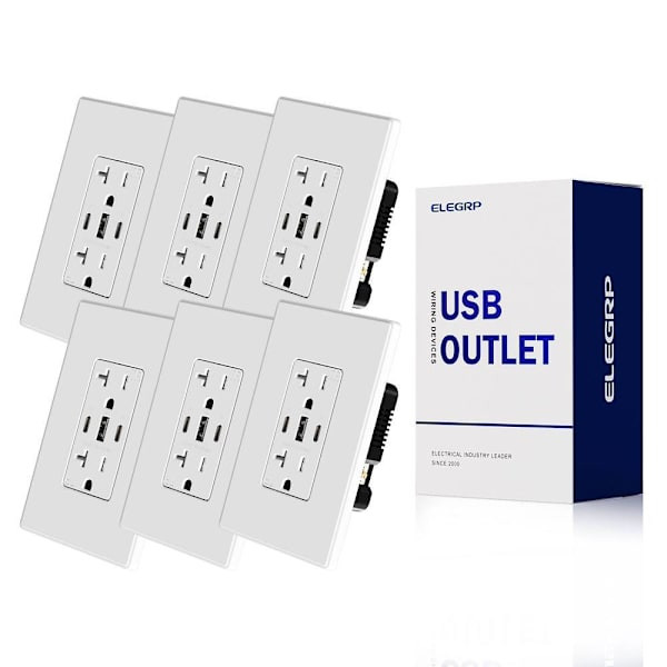 Elegrp 3-Port USB Wall Outlet, Dual Type C & A Ports, Matte White Package Of 6