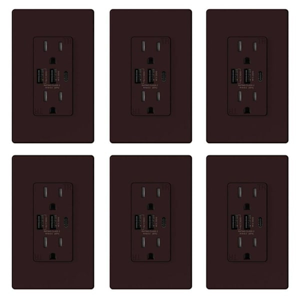Elegrp 30w 3-Port USB Wall Outlet, Dual Type A&c Ports Matte Brown Package Of 6