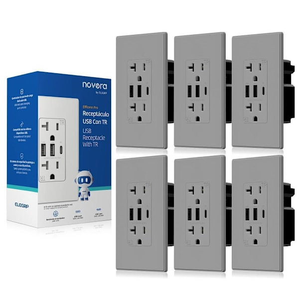 Elegrp 3-Port USB Wall Outlet, Dual Type A & C Ports, Matte Gray Package Of 6