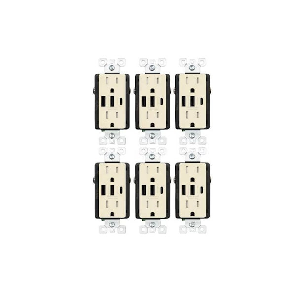 Elegrp 30w 3-Port USB Wall Outlet Dual Type A&c Ports Matte Almond Package Of 6