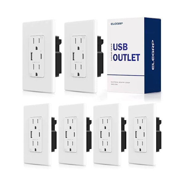 Elegrp 57w Type A/C USB Wall Outlet, 15a Receptacle, White, Package Of 6