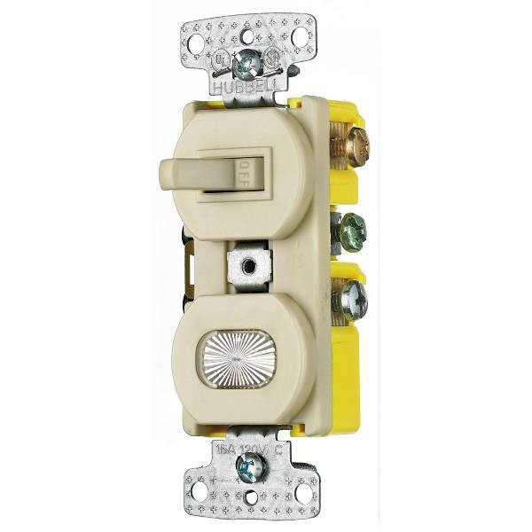 Hubbell Wiring Single Pole Toggle/Pilot Light 15a 120v Combo Ivry Package Of 10