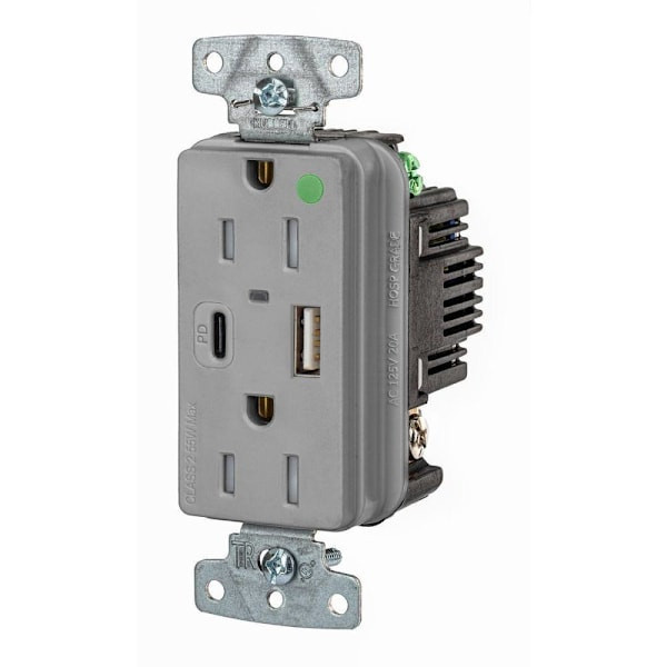 Hubbell 15 Amp Hospital Grade USB Receptacle, Type A / C, Gray, Package Of 10