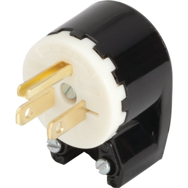Hubbell U-Ground Angle Male Plug, 125 Vac, 15a, 2 Poles, 3 Wires, Black/White