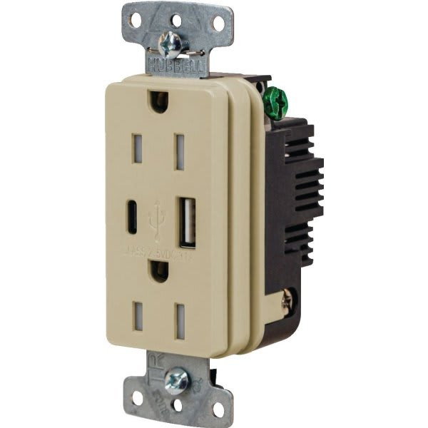 Hubbell 15 Amp 125 Volt Decorator Duplex Standard Outlet W/ Type A And C Usb Wireless Charger (Ivory)