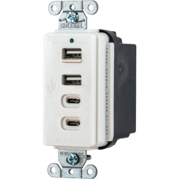 Hubbell 5 Amp 5 Volt Duplex Standard Outlet W/ Type A And C Usb Charger (White)