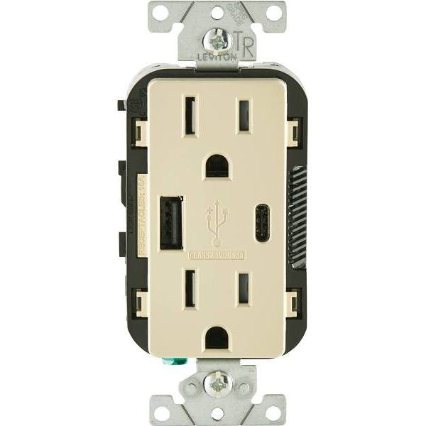 Leviton 15 Amp Decora Tamper-Resistant Duplex Outlet With Type A And C USB Charger, Ivory T5633-I