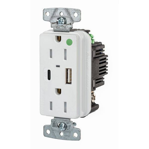 Hubbell Wiring Devices 15a Hospital Grade USB A/C Power Delivery Rec White