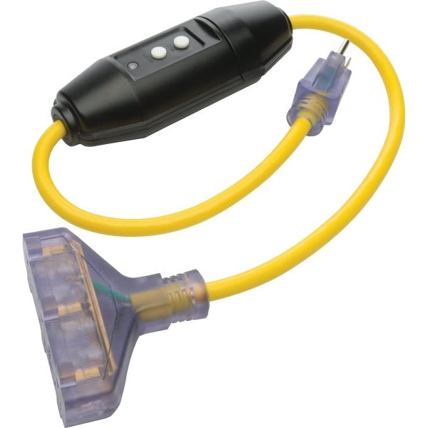 Prime Wire & Cable 3ft 12/3 Sjtw In-Line Gfci Triple-Tap Adapter (Yellow)