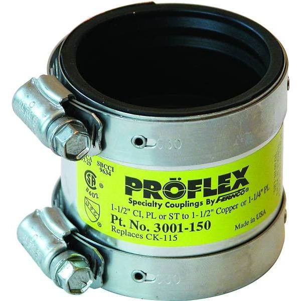 Fernco Proflex Shielded Coupling 1.5" Cast Iron Plastic Or Steel To 1.5" Copper