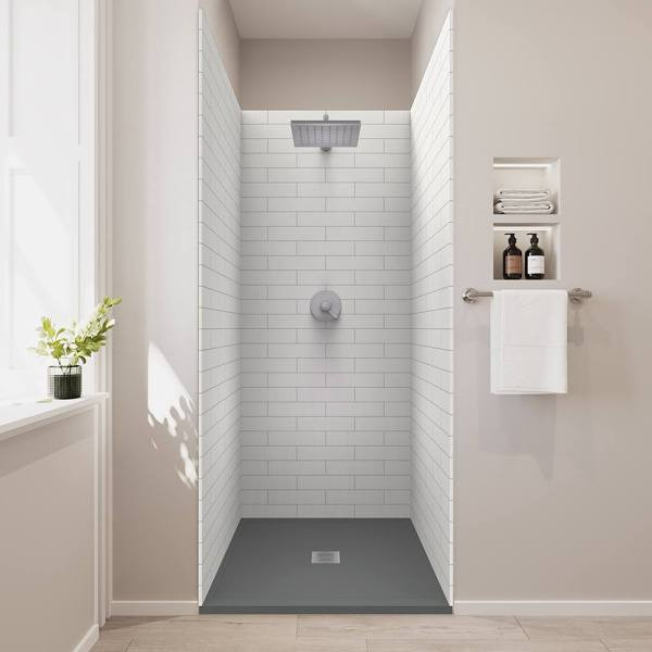 CASTICO 36"X36"X84" Solid Composite Stone Shower Kit Subway Walls Graphite Sand