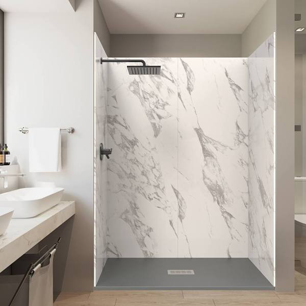 Castico 60x36x84" Alcove Solid Composite Stone Shower Kit Carrara Walls