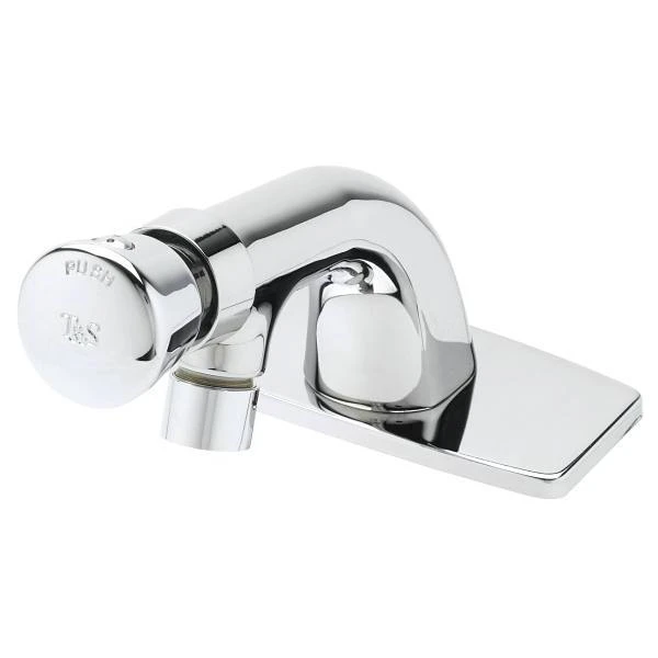 T & S Metering Faucet, 0.5 Gpm, 1.875" Spout, 4" Center, Polished Chrome