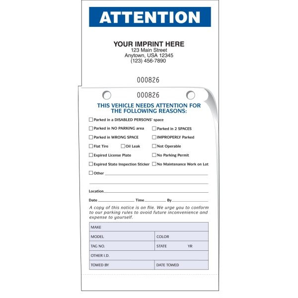 Attention Parking Violation Tags, 4-1/4 X 8-1/2, Book Of 50