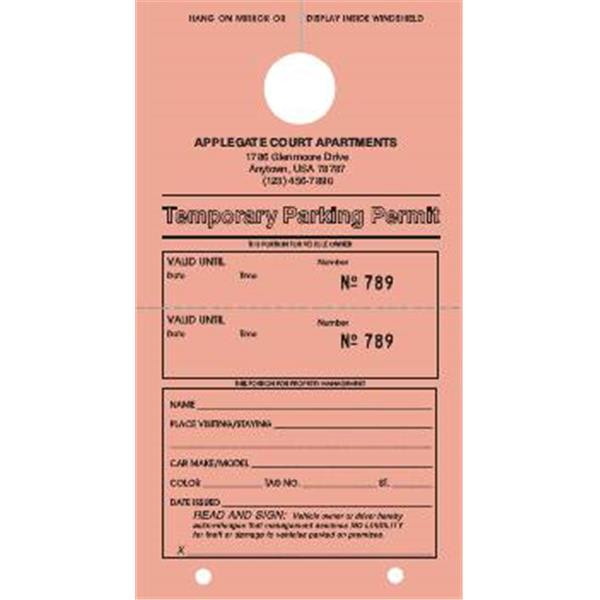 Temporary Parking Tags, Salmon, 4-1/4 X 7-3/4, Package Of 100