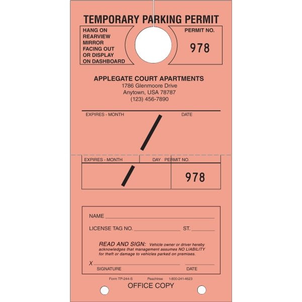 Personalized Temporary Parking Tags, Salmon, 4-1/4 X 7-3/4, Package Of 100
