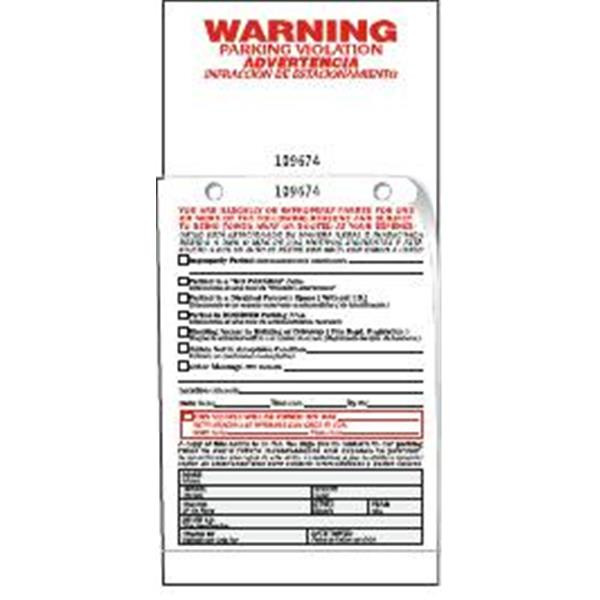 Bilingual Parking Violation Tags, White, Package Of 100