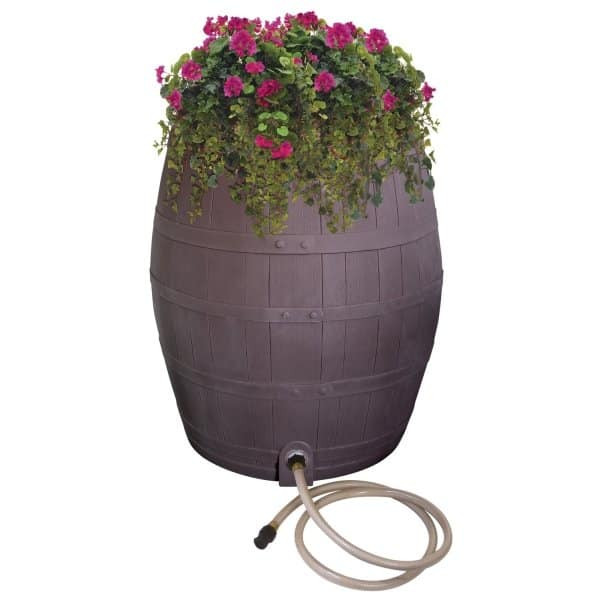Emsco Rescue 50 Gallon Flat Back Whiskey Rain Barrel With Planter - Brown