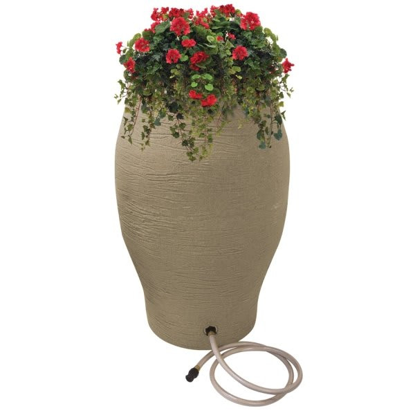 Emsco Rescue 60 Gallon Resin Stoneware Urn Rain Barrel With Planter - Sand