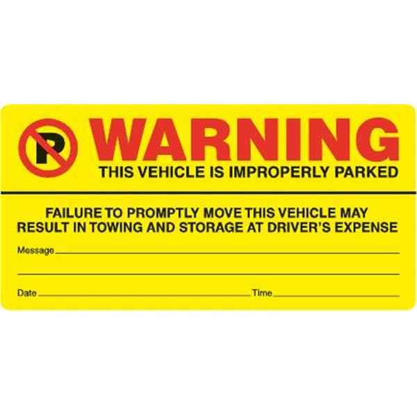 Warning Improper Park Parking Sticker, Bright Yellow, 6 X 3, Package Of 100
