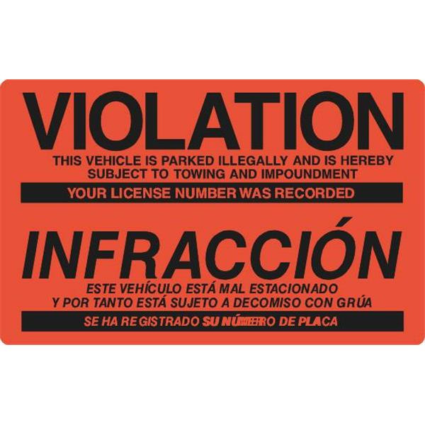 Parking Violation Sticker, Bilingual, Red, 8 X 5", Package Of 100