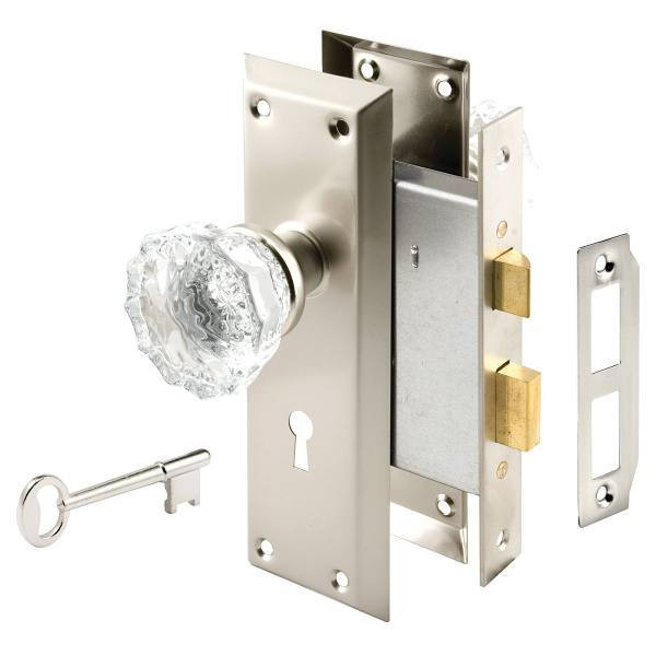 Prime-Line Mortise Keyed Lock Set With Glass Knob, 2" O.d., Satin Nickel E 28335