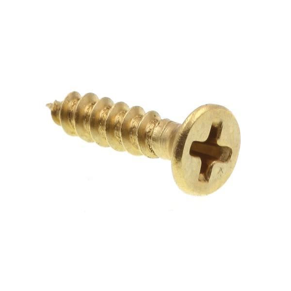 Wood Screws, Flat Hd, Phil Dr, #4 X 1/2in, Brass, Package Of 25