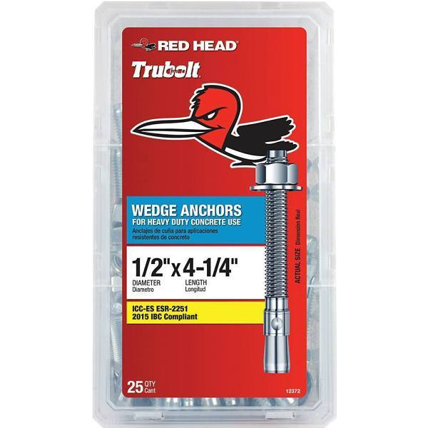 Red Head 1/2" X 4-1/4" Concrete Wedge Anchors, Zinc Plated, Package Of 25