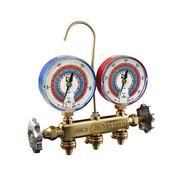 JB Industries Patriot 2-Valve Brass Manifold,80 Mm A2l Gauges, R410a, R32, R454b